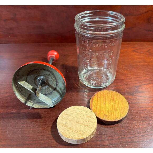 Antique Red Handle Hazel Atlas Glass Jar Chopper Measuring Cup - Picture 5 of 7